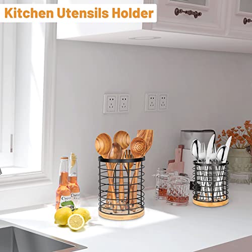 Toosci 2 Pcs Kitchen Utensil Holder - Stainless Steel And Bamboo Utensil Holder For Kitchen Counter, Large Spoon Spatula Holder For Kitchen Organizer #TOP1