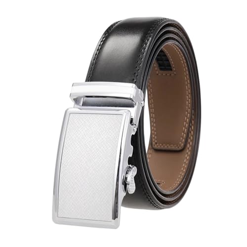 Men's Solid Color Automatic Belt, 3.5Cm Metal Buckle Work Belt, Handmade Black Silver 110cm