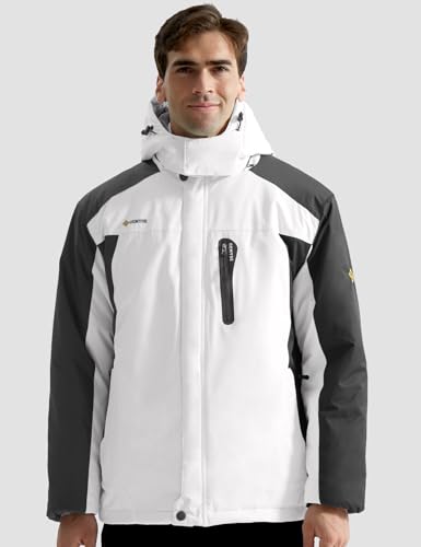 GEMYSE Men's Ski Snow Jacket Warm Winter Waterproof Coat Snowboard Rain Jacket Hooded Windproof Windbreaker（White and Grey,Large） - Thumbnail 2