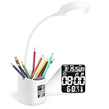 Jenerics LED Desk Lamp for Kids, Rechargeable Eye-Caring Table Lamp with Clock, Calendar & Pen Holder, Touch Control, Stepless Dimmable, USB Charging Study Reading Light for Reading