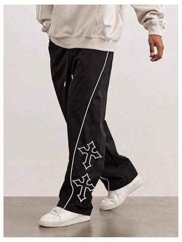 SHENHE Men's Casual Cross Print Loose Pants Straight Leg Drawstring Baggy Pant Trousers2