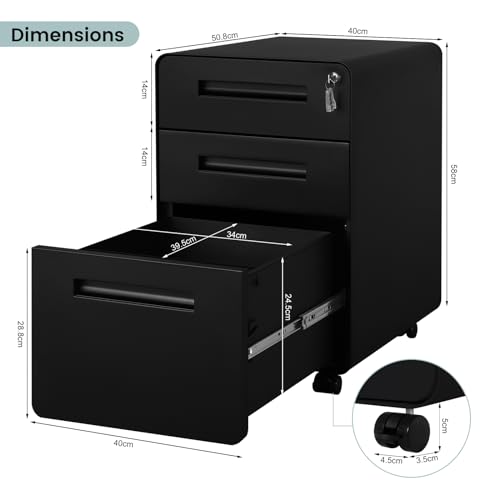 WOLTU Armario Archivador, Cajonera Escritoria Móvil con Ruedas, Gabinete de Oficina con 3 Cajones y Cerradura Mueble Archivador Colgante Carpeta de Gran Capacidad para Carta y Papel A4, Negro ASK04sz - imagen 3