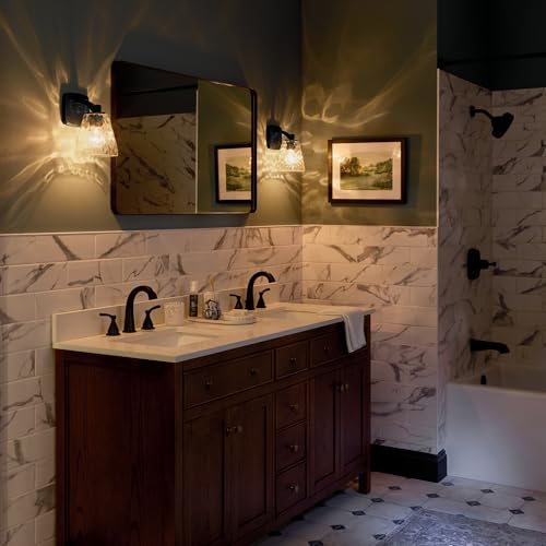 Image of Kichler Marant 5 inch 1-Light Wall Sconce Bathroom Light Fixture with Clear Water Glass in Black, Modern Vanity Light for Bathroom, Powder Room, Hallway (5 inch W x 9.5 inch H), 55214BKWTR