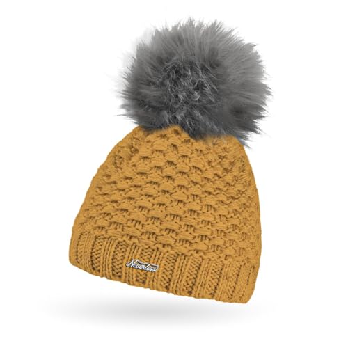 Neverless® Damen Winter-Mütze Strick Fleecefutter Kunstfell-Bommel Pudelmütze Wintermode Outdoor senfgelb Unisize