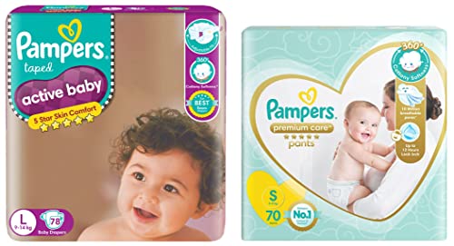 Image of Pampers Active Baby Taped Diapers, Large size diapers, (LG) 78 count, taped style custom fit & Premium Care Pants, Small size baby diapers (SM), 70 Count, Softest ever Pampers pants