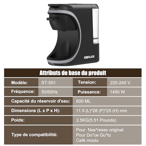 ST-551 Machine à café 3 en 1, pour Nespresso Original/pour Dolce Gusto et le café moulu, réservoir d'eau d'une capacité de 600 ml – Image 4
