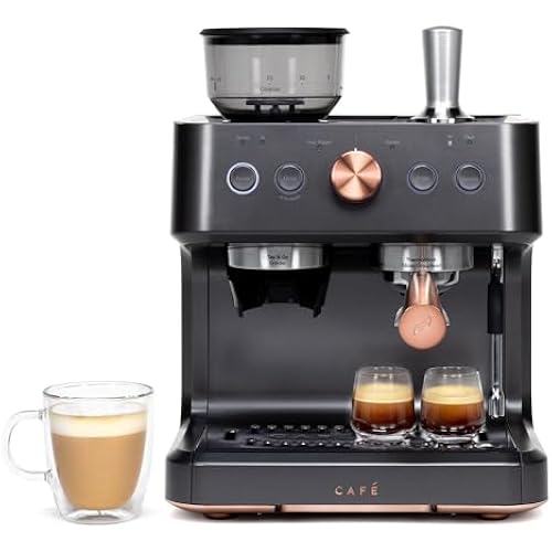 Café Bellissimo Semi Automatic Espresso Machine with Grinder & Milk Frother | Copper Accents | WiFi App Control | Large 95oz Tank | Matte Black