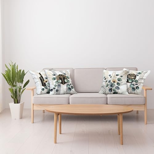 Ambesonne Eucalyptus Throw Pillow Cushion Cover Set of 4, Watercolor Branches and Geometric Modern Motives on Marble Print Back, Decorative Accent Double-Sided Printing, 20", Grey Teal Sand Brown - Thumbnail 4