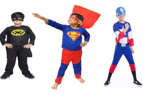 Image of Hosiery Fabric Pack of 3 Superhero Costume dress For Kids Halloween Cosplay Fancy dress Outfit for Boys and Girls