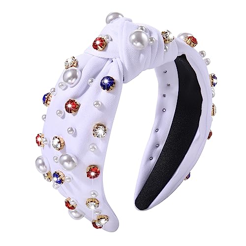 GLBCC 4th of July Headband for Women American Flag Pearl Knottted Headband Fourth of July Patriotic Head Band Red White and Blue Crystal Top Knot Hairband Party Favor Gift