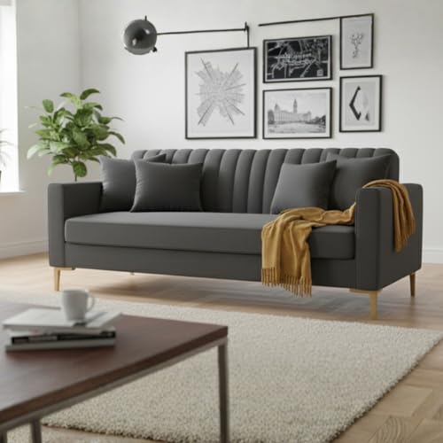 Image of 3 Seater Velum Fabric Sofa Set for Living Room, Modern Design with High Density Foam, Solid Wood Frame, Ergonomic Comfortable Seating for Home & Office (Dark Grey, 3 Seater) | Soft foam comfort