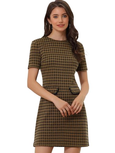Allegra K Damen Kurzarm Rundhals Kariert Vintage Business Etuikleid Minikleid Kleid Braun L