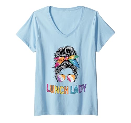Mujer Lunch Lady Messy Bun Tie Dye Lunch Ladies Cafetería Crew Camiseta Cuello V