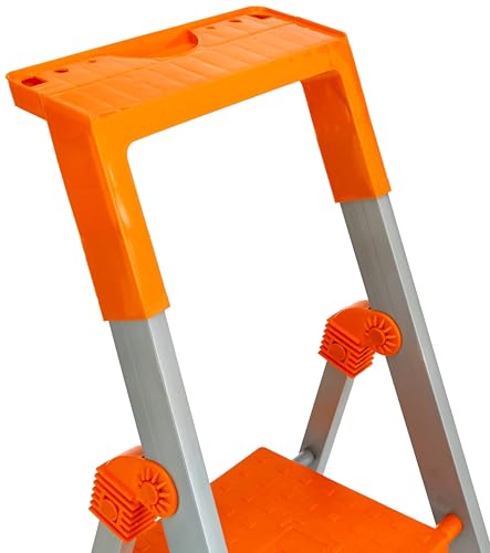 Image of Amazon Basics Clamber Pro+ - Foldable Step Ladder with Tool Tray, Firm Grip, 5 Steps (Aluminium Steps, Orange & Satin)