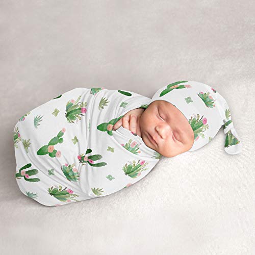 Image of Sweet Jojo Designs Cactus Floral Baby Girl Cocoon and Beanie Hat 2pc Set Jersey Stretch Knit Sleeping Bag for Infant Newborn Nursery Sleep Wrap Sack - Pink and Green Boho Watercolor Desert