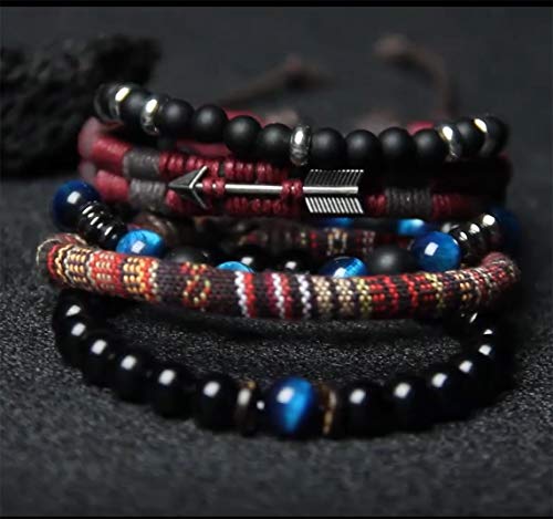 Wainis Braided Leather Bracelets For Men Women Wrap Tiger Eye Lava Rock Beads Bracelet Woven Ethnic Tribal Rope Wristbands Bracelets Set Adjustable C #TOP3