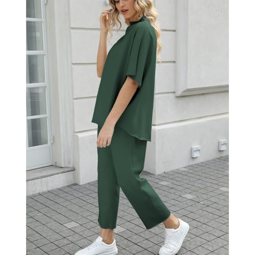 Image of SeeLuNa Women's Two Piece Outfits 3 /4 Batwing Sleeve Capelet Crew Neck Pullover Top Wide Leg Pants Lounge Set