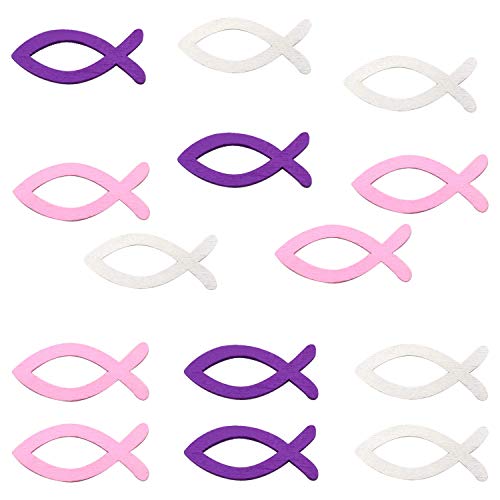CNXUS 180 Piezas Pescado de Madera Deco Mesa Decoración Bautismo Confirmación Comunión Decoración del Partido Bautismo de bebés, Decoración para Bodas de Bautismo (Rosa, Morado, Blanco)