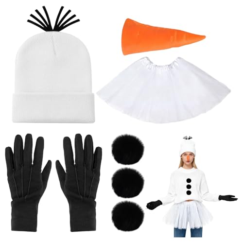 RAOPNHS Schneemann Kostüm Weihnachtskostüm Damen 7 Stück Set mit Tutu Rock Mütze Handschuhen Karottennase und 3 Pompons Lustiges Kostüm Weihnachten für Erwachsene Halloween Karneval