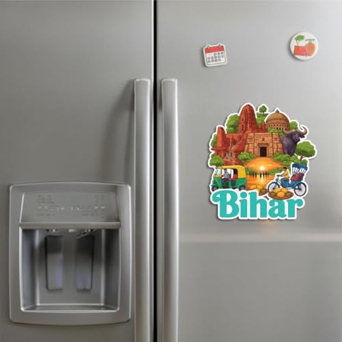 Image of Bihar Fridge Magnet, Indian Tourism Design with State Famous Items Cultural Theme Typography, Indian State Souvenir Fridge Magnet Size 4x3 Inches | Pack of 1
