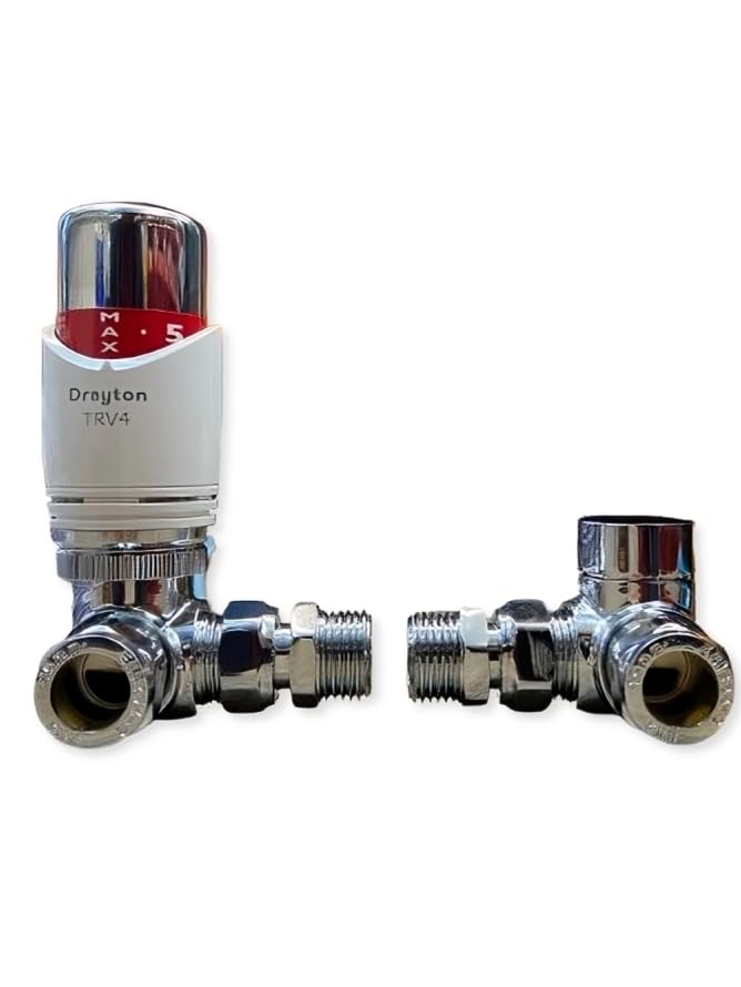 Corner Angled Thermostatic Towel Rail Radiator Valve Pack Complete with Drayton TRV4 Head, TC Thermostatic Radiator Valve Body & Lockshield
