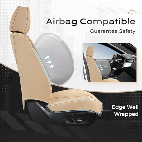 Image of Coverado Leather Seat Covers, Car Seat Cover Full Set, 5 Seats Beige Seat Covers, Automotive Seat Covers Waterproof Car Seat Cushion Protectors Universal Seat Cover Fit for Most Cars Trucks SUV
