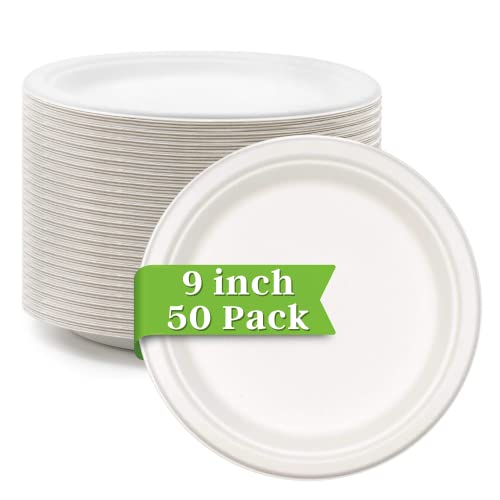 Ask Packaging Strong Paper Plates (9 Inch / 50-Pack) 100% Compostable Heavy-Duty Eco-Friendly Disposable Bagasse Plates, Made of Natural Sugarcane Fibers – 9" Biodegradable Paper Plate