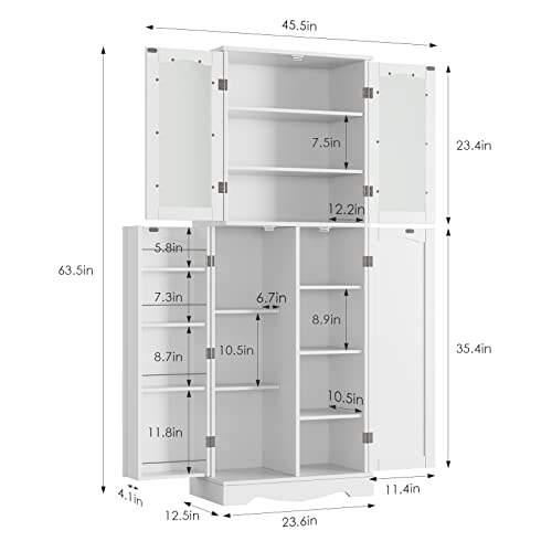 Horstors 64" Kitchen Pantry Cabinet, Modern Tall Cabinet With Glass Doors And Adjustable Shelves, Freestanding Utility Storage Cabinet Cupboard For Kitchen, Living Room, Dining Room, White #TOP1