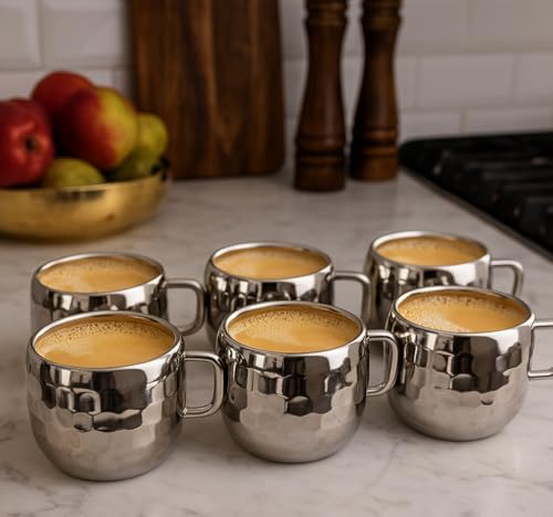 Image of Stainless Steel Hammered Tea Coffee Cup Set of 6 (90 ml) | Mirror Finish Chai Cups | Small Steel Tea and Coffee Mugs | Double wall Drinkware for Home Cafe | Steel Tea & Coffee Cup Set