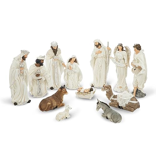 Image of Glitzhome 15.5 Inch Oversized Nativity Sets for Christmas Decor Set of 12 Nativity Scene Collectible Figurine Sets for Tabletop Decor Xmas Resin Ivory Nativity Figurines Set Animals Figurines