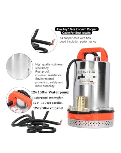Image of APMs 12V Solar Submersible Water Pump 150W Solar Panel or Battery Operated DC Water Pump Max Head 25-30 Feet & Flow 4000Lph Stainless Steel Pipe Size 1 inch Cable Length 2M (1 Year warranty)