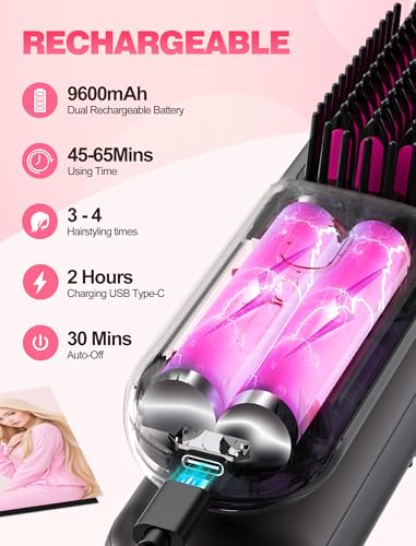 Portable Cordless Hair Straightener Brush for Women - Mini Design, Negative Ion Technology, 9600mAh Battery, Anti-Scald, 12 Temperature Settings