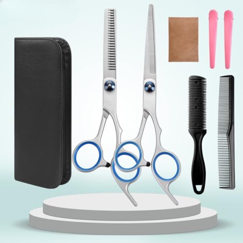 Nicffdi プロ美容師が監修 すきバサミ 散髪用ハサミ すきばさみ ヘアカット 髪切りハサミ 前髪カット セルフカット 掃除布 ケース サロン用・家庭用のプレミアム理美容鋏 (分割カットブルーナット8点セット)