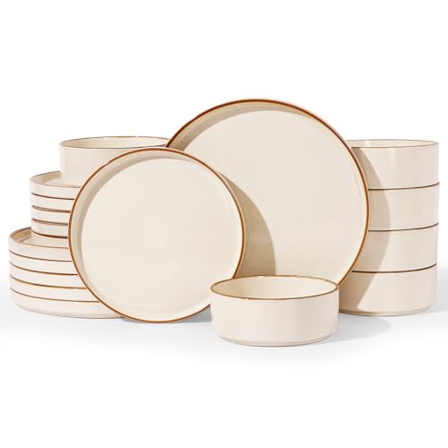 Image of Famiware Nebula Plates and Bowls Sets, 18 Pieces Stoneware Dinnerware Sets, Microwave and Dishwasher Safe Dish Set, Dishware Sets for 6, Vanilla White with Brown Rim