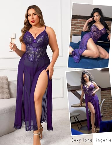 Image of Avidlove Plus Size Lingerie for Curvy Women Long Lace Babydoll Nightdress | V neck sheer mesh nightgown,g-string included,high side slits,adjustable straps,curve-flattering fit,maternity photoshoot