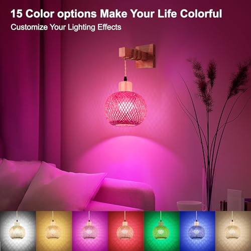 Image of Frideko Boho Battery Operated Wall Sconces Set of Two with Remote, RGB 15 Colors Rechargeable Wall Light, Rattan Dimmable Wireless Wall Lamp with 3 Timer, Bamboo Indoor Wall Lighting for Bedroom