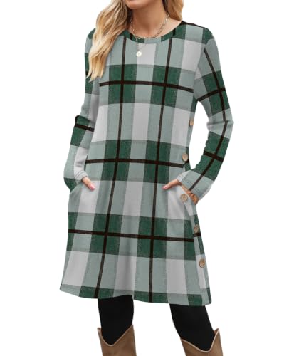 Image of OFEEFAN Fall Dresses for Women 2026 Crew Neck Long Sleeve Dress with Pockets