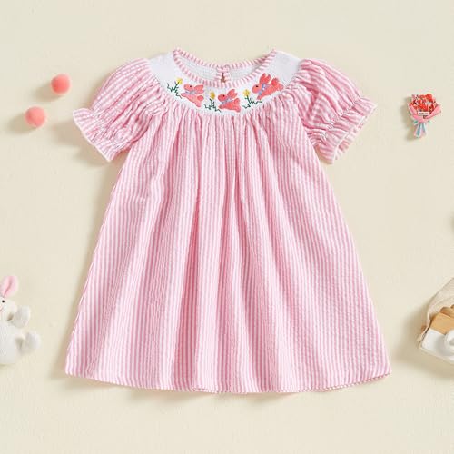 Aopwsrlyi Toddler Baby Girl Easter Outfit Cute Bunny Embroidery Smocked Bubble Romper Dress Puff Short Sleeves Bodysuit2