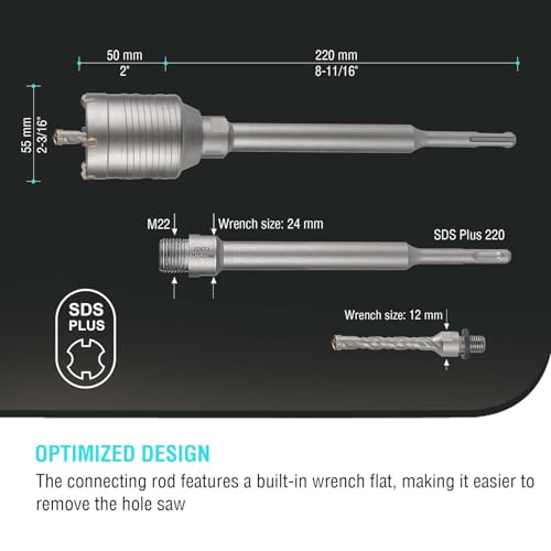 Image of BINOTA 55 mm (2-3 /16 inch) Concrete Hole Saw with SDS-Plus Shank | Tungsten carbide drill bit; SDS-Plus shank (220 mm); Cross-type center drill; Dry drilling for concrete /brick /stone /masonry