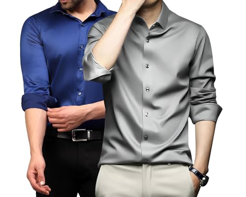 Image of DEELMO Combo of Men's Stylish Solid Satin Casual Shirt for Men Full Sleeves| Poly Satin Silk Shirt Pack of 2