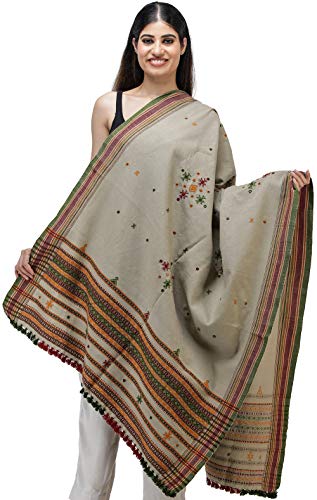 Image of Exotic India Women's Kutch Wool Shawl (SHV95--beige)