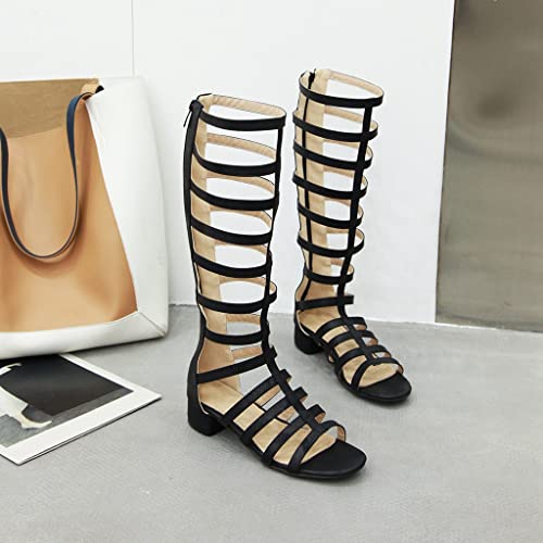 MIOKE Women's Gladiator Knee High Flat Sandals Buckle Strappy Studs Open Toe Zip Summer Wide Caged Boots3