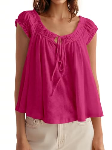 Image of Tankaneo Women Summer Tie Front Tank Tops Cap Sleeve Pleated Babydoll Tops Casual Loose Fit Going Out Flowy Shirt