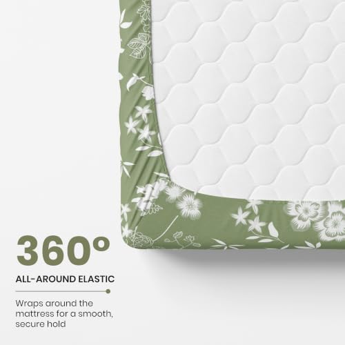 Image of LORETO - A QUALITY LINEN BRAND 144 TC 100% Pure Cotton Single Fitted Bedsheet with 1 Pillow Cover for 72 x 36 Inch Mattress, All-Around Elastic, 8 Inch Deep Pocket, Olive Green Floral Whisper