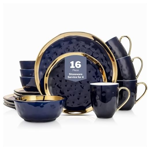 Stone Lain Porcelain 16 Piece Dinnerware Set, Service for 4, Blue and Golden Rim, Dark Blue