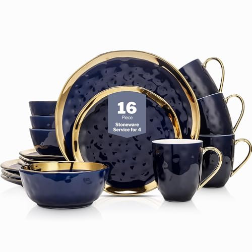 Stone Lain Porcelain 16 Piece Dinnerware Set, Service For 4, Blue And Golden Rim
