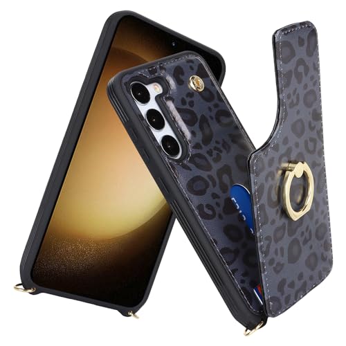 Lipvina for Samsung Galaxy S23 Plus Case with Card Holder and Strap for Women,Crossbody Lanyard,Ring Stand,Snap Clasp,Cute Phone Wallet Cases 6.6 inch(Black Leopard) by Lipvina - Used condition - Image 2