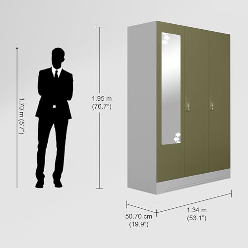 Image of GODREJ INTERIO Almirah Slimline 3-Door Steel Almirah, Cupboard for Clothes (Royal Ivory and Olive Branch), 1-Year Warranty, 6 Shelves, 1 Locker, 2 Drawers, Star Design Mirror