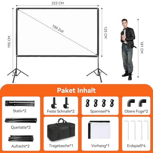 Beamer Leinwand mit Stativ 100 Zoll, HolaDream Projektor Leinwand Tragbare Outdoor 16:9 HD, Projector Screen mit Ständer und Tragetasche für Home Garten, Party, Theater, Nächte