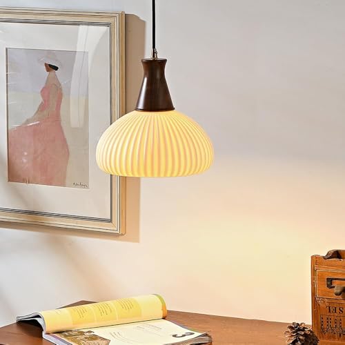 Lampe suspendue céramique blanche et noyer rétro style japonais - 3
